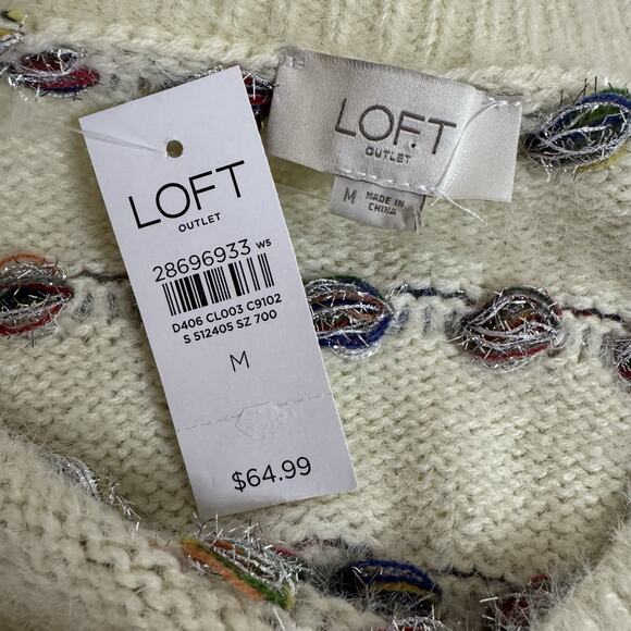 LOFT 3D Knit Sweater Women's Medium Sparkle Thread Embellished Cream - Picture 5 of 8